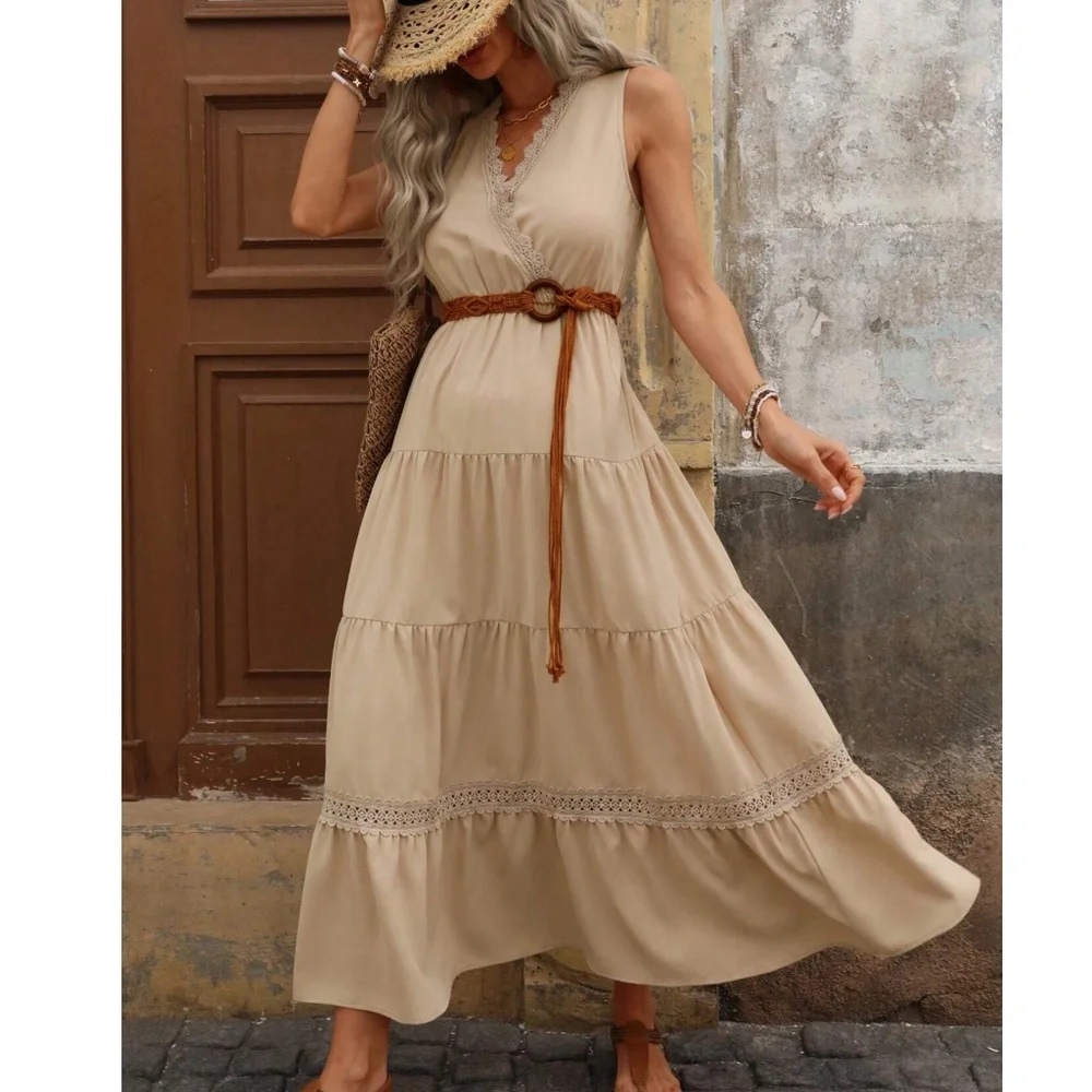 Boho Tan Surplice Sleeveless Ruffle Hem Maxi Dress - Picture 6 of 7